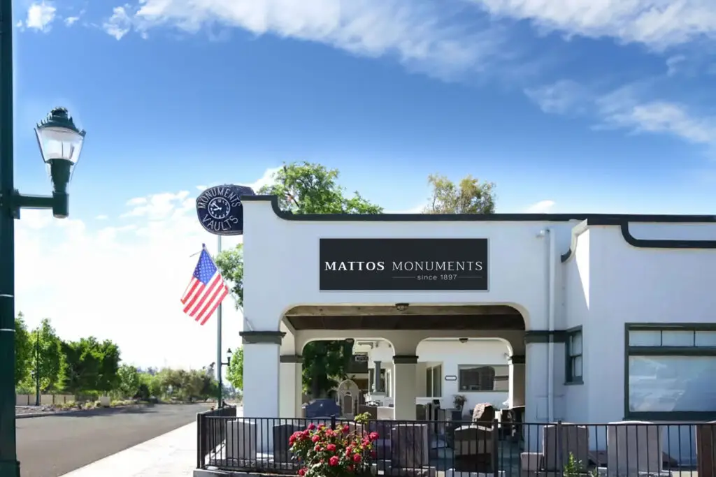 photo of exterior building offices for Mattos Monuments in Hayward, California including service area and testimonials.
