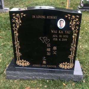photo of custom black marble upright companion headstone with porcelain photo inlay at Lone Tree Cemetery in Hayward, California