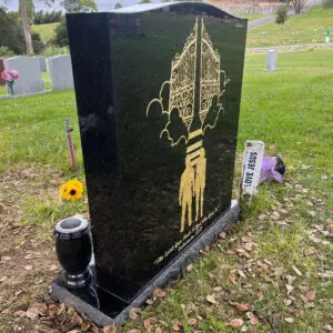 photo of unique design companion upright gravestone marker with cemetery and monument vases at Lone Tree Cemetery in Hayward, California