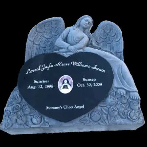 Photo of a custom upright angel & heart grave marker at chapel of the chimes cemetery in Hayward, California
