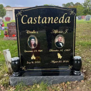 Photo of Upright Companion Headstone with Porcelain Portraits at Lone Tree Cemetery in Hayward, California