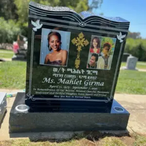photo of upright headstone grave marker with porcelain photo portrait inlays at Lone Tree Cemetery in Hayward, California