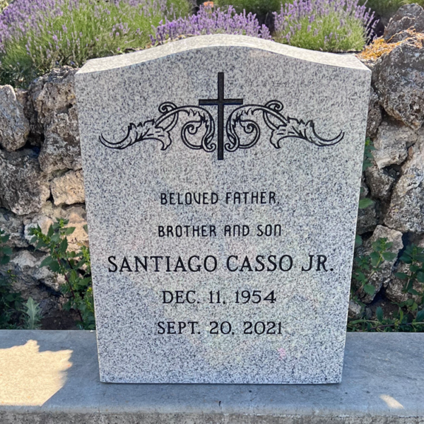 MMUS-13 Grey Granite Upright Headstone with a engraved cross