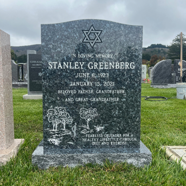 MMUS-16 Upright dark grey granite headstone with engraved Star of David and outdoor scene