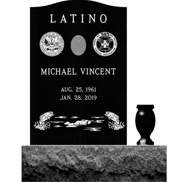 MMUS-25 Black Granite upright cemetery marker engraved fishing, professional memberships, and a vase
