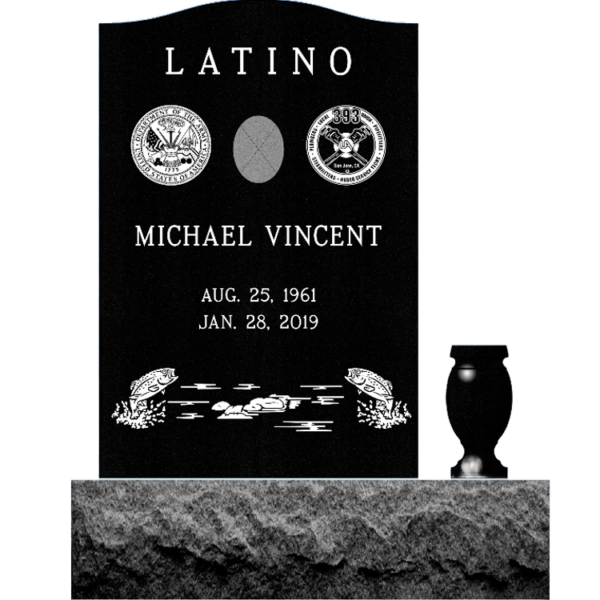 MMUS-25 Black Granite upright cemetery marker engraved fishing, professional memberships, and a vase