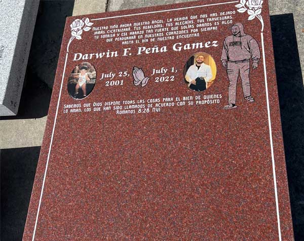 Darwin Peña Gamez headstone grave marker from Mattos Monuments in Hayward, California.