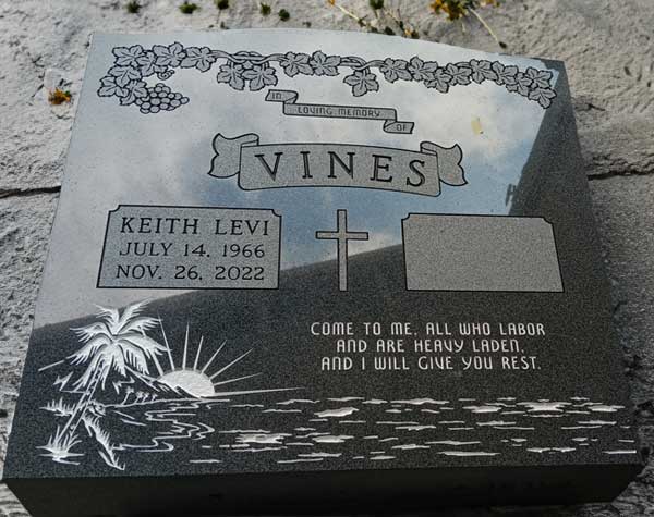Keith Levi Vines headstone grave marker from Mattos Monuments in Hayward, California.