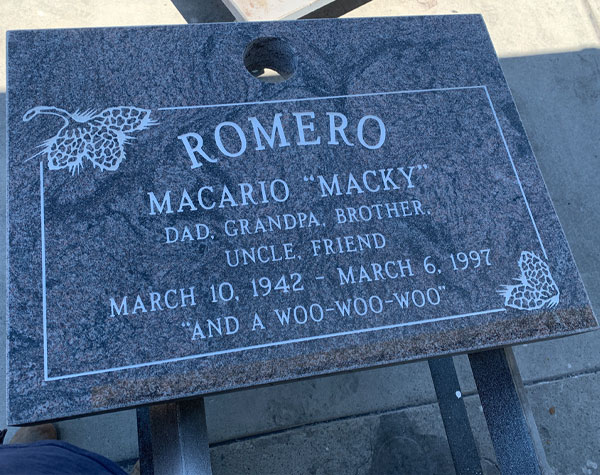 Macario Macky Romero gravestone marker from Mattos Monuments in Hayward, California.
