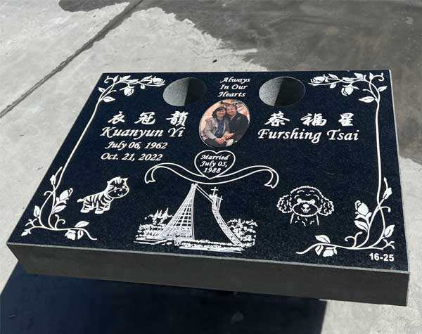 Kuanyun Yi and Furshing Tsai headstone grave marker from Mattos Monuments in Hayward, California.