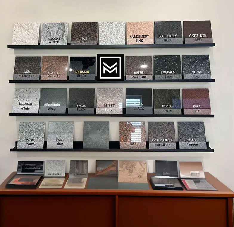 Granite Colors & Sample Tiles above a credenza