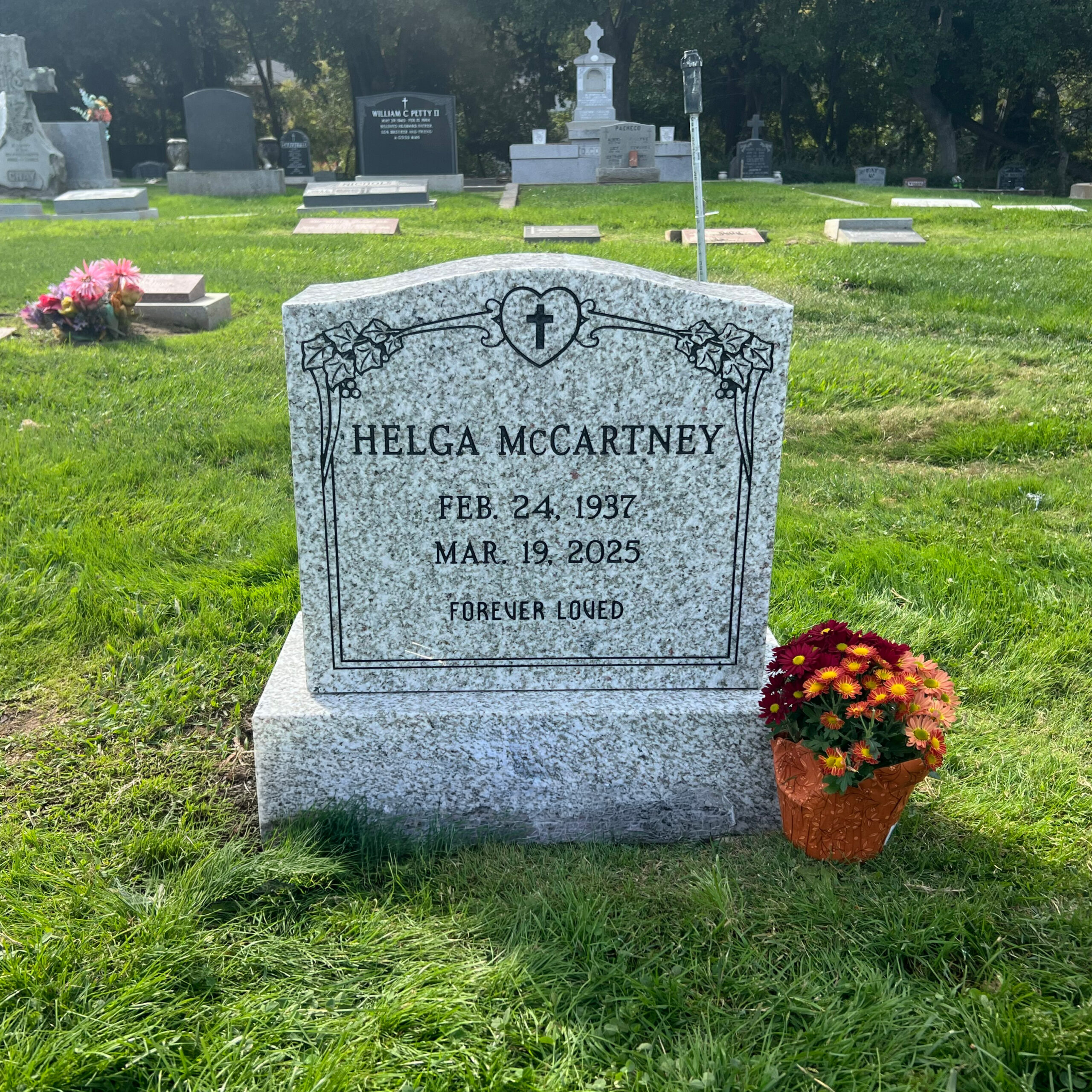 Upright headstone at St. John's Cemetery in San Mateo, California