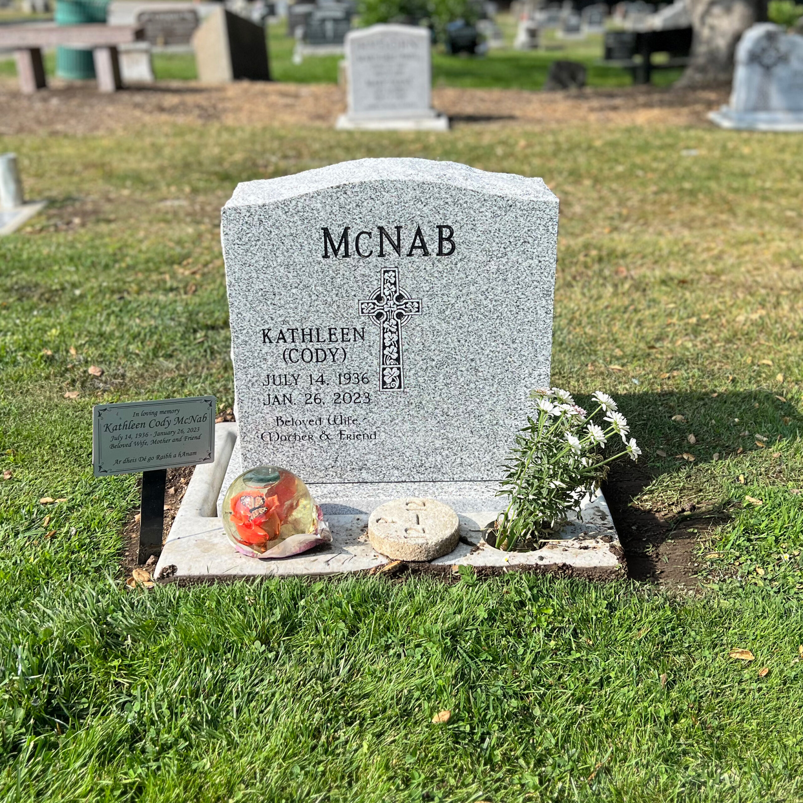 Upright headstone at St. John's Cemetery in San Mateo, California