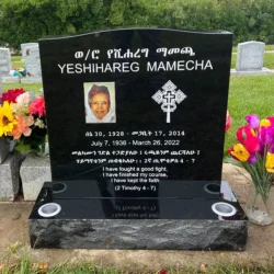 photo of black marble granite upright headstone with porcelain photo inlay at Lone Tree Cemetery in Hayward, California