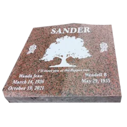 Red granite marble upright headstone at Los Gatos Cemetery in San Jose, California