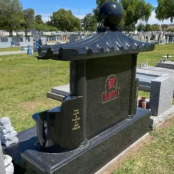photo of a pagoda memorial grave marker at Oak Hill Cemetery in California.