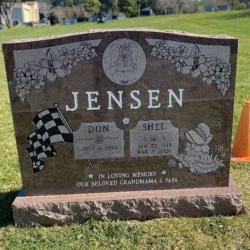 Photo of Upright Gravestone Marker Memorial with Race Car theme at Lone Tree Cemetery in Hayward, California