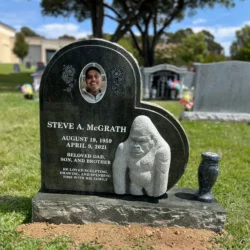 Photo of Custom Heart Shaped Upright Headstone with Animal Motif and Porcelain Portrait Inlay with cemetery and monument vases at Lone Tree Cemetery in Hayward, California