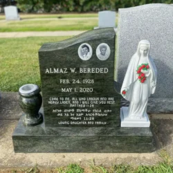 photo of upright headstone black marble grave marker with porcelain photo inlays and Mother Mary statue at Lone Tree Cemetery in Hayward, California with cemetery and monument vases