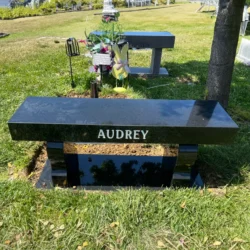 photo of a headstone memorial bench at Oakmont Memorial Park in Lafayette, California.